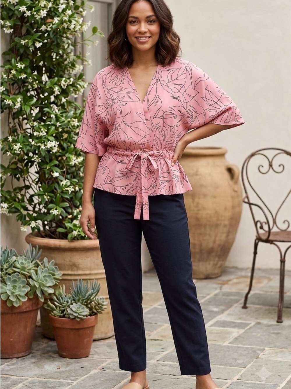 Sweet Rain Pale Pink Blouse with Black Leaf Print
